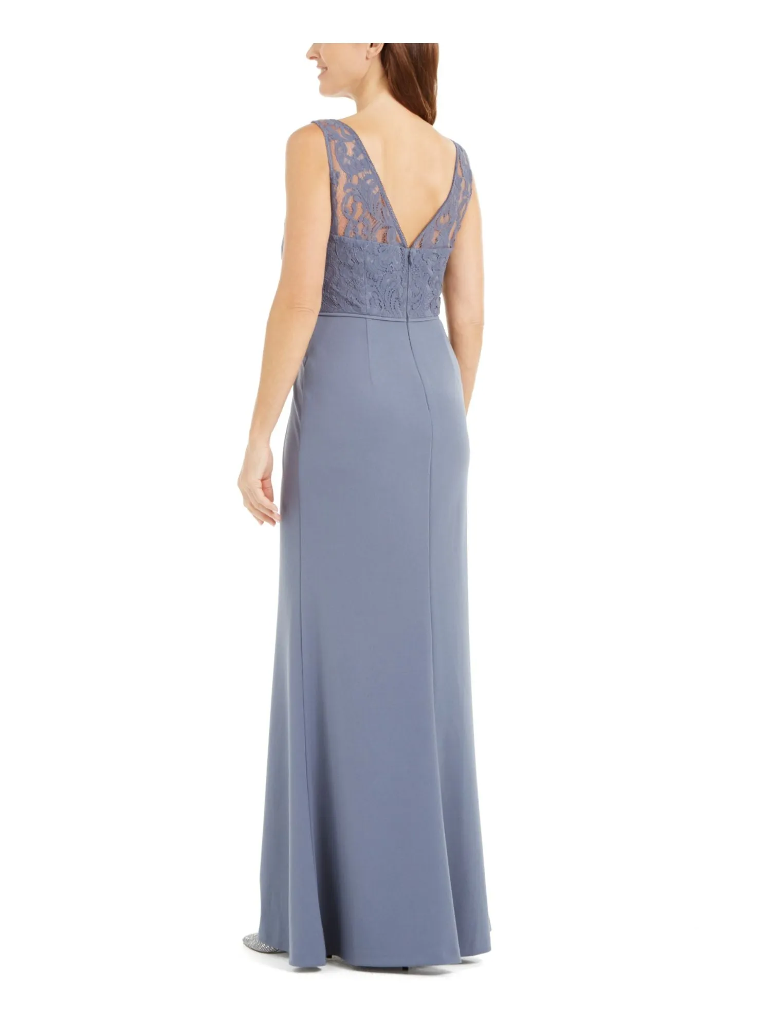 ADRIANNA PAPELL Womens Light Blue Lace Zippered Illusion Gown Sleeveless V Neck Full-Length Evening Dress