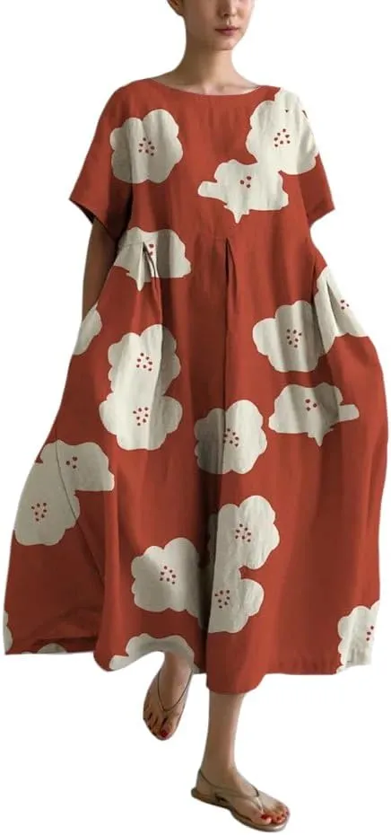 Bengbobar Women's Boho Flroal Maxi Dress Casual Short Sleeve Cotton Dress Flowy Crew Neck Chic Dress Beach Summer Sundress