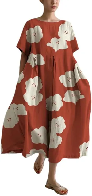Bengbobar Women's Boho Flroal Maxi Dress Casual Short Sleeve Cotton Dress Flowy Crew Neck Chic Dress Beach Summer Sundress
