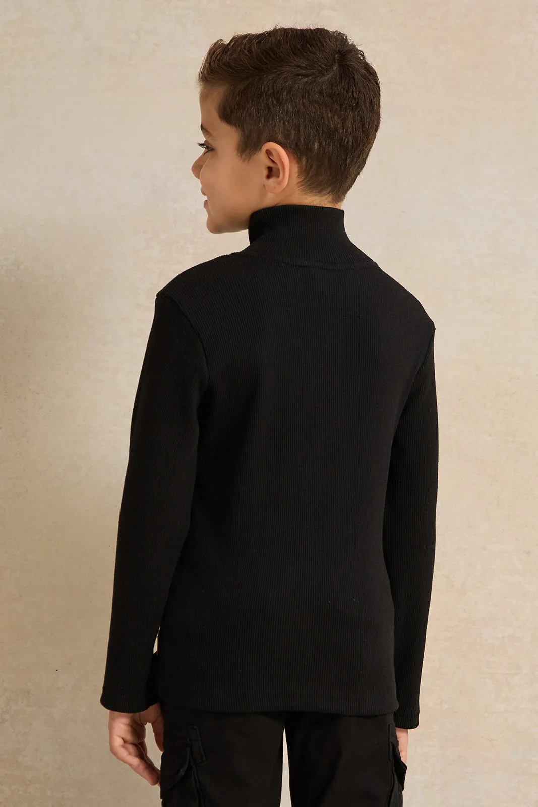 Boys Black T-Shirt With Half Zip