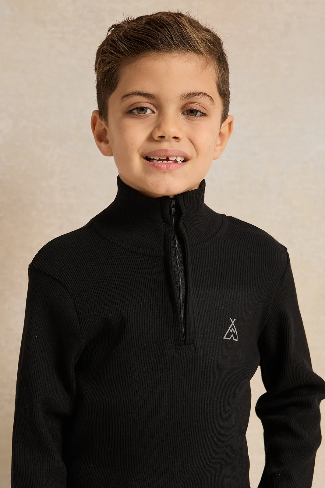 Boys Black T-Shirt With Half Zip