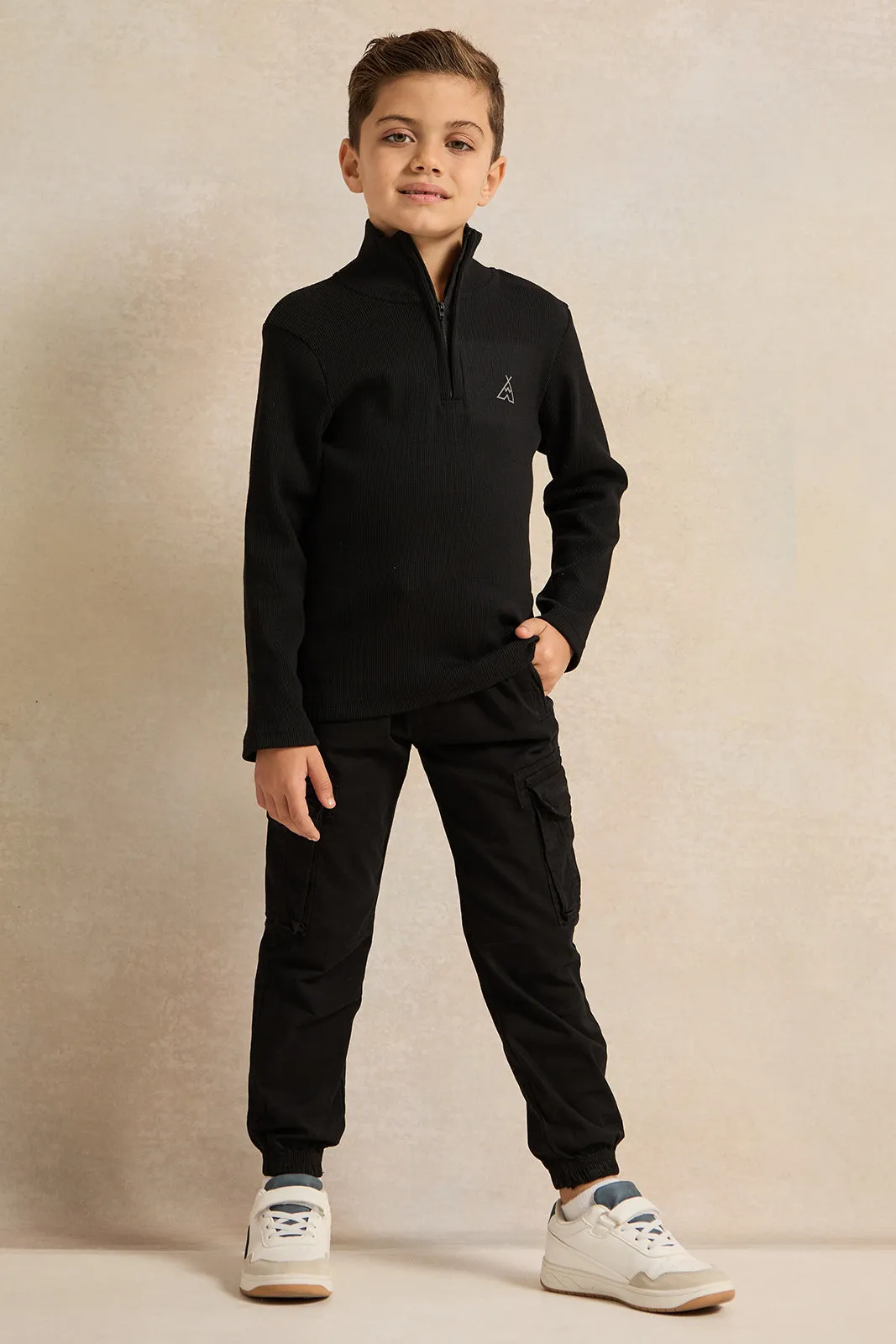 Boys Black T-Shirt With Half Zip