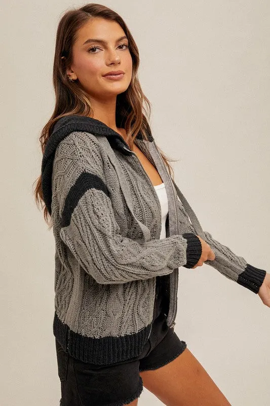 COLOR BLOCK CABLE KNIT HOODIE SWEATER - CHARCOAL