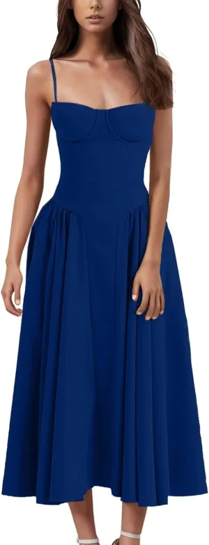 Corset Dress for Women Spaghetti Strap Bustier Midi Party Dresses 2025 Pleated Hem Low Cut Prom Dress with Pockets