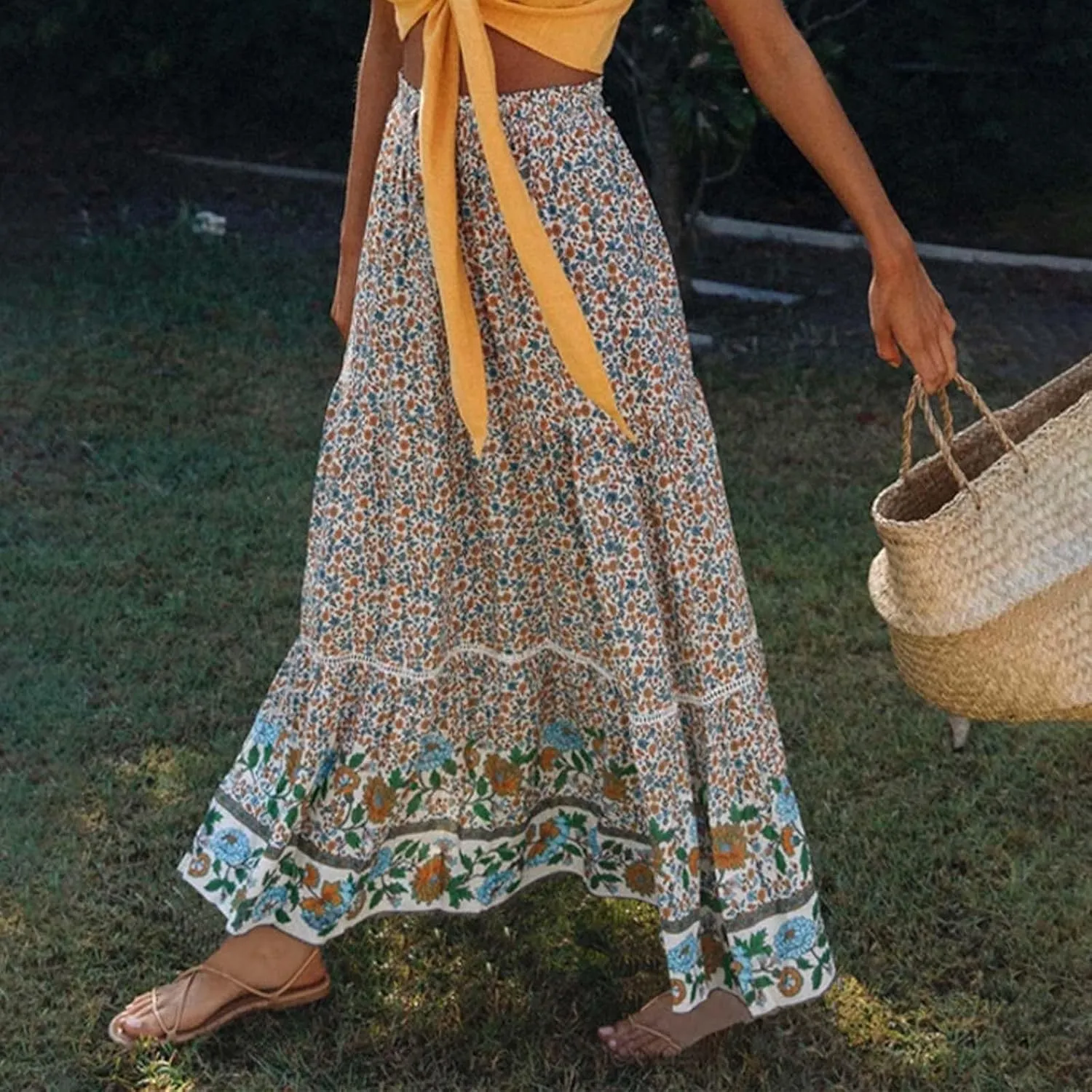 Cute Skirts for Women Women's Bohemian Beach Skirt New Lace Crochet Rayon Maxi Skirt with Placement Floral