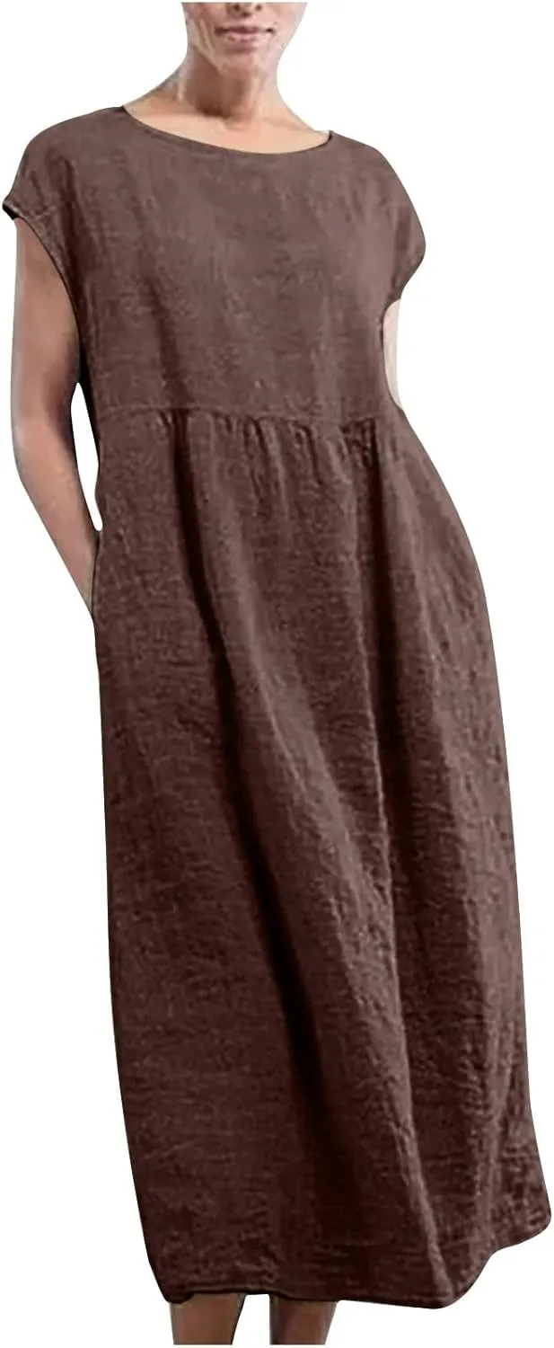 Dresses for Women 2025 Summer Plus Size Cotton Linen Solid Dress Crew Neck Loose Casual Beach Vacation Midi Dress