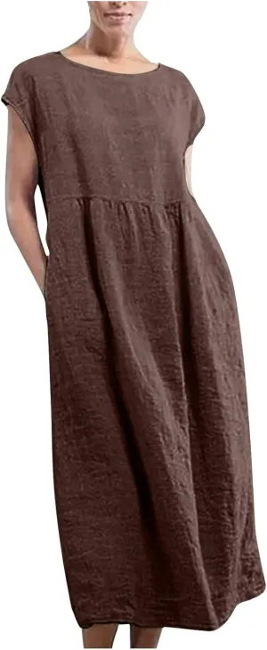 Dresses for Women 2025 Summer Plus Size Cotton Linen Solid Dress Crew Neck Loose Casual Beach Vacation Midi Dress