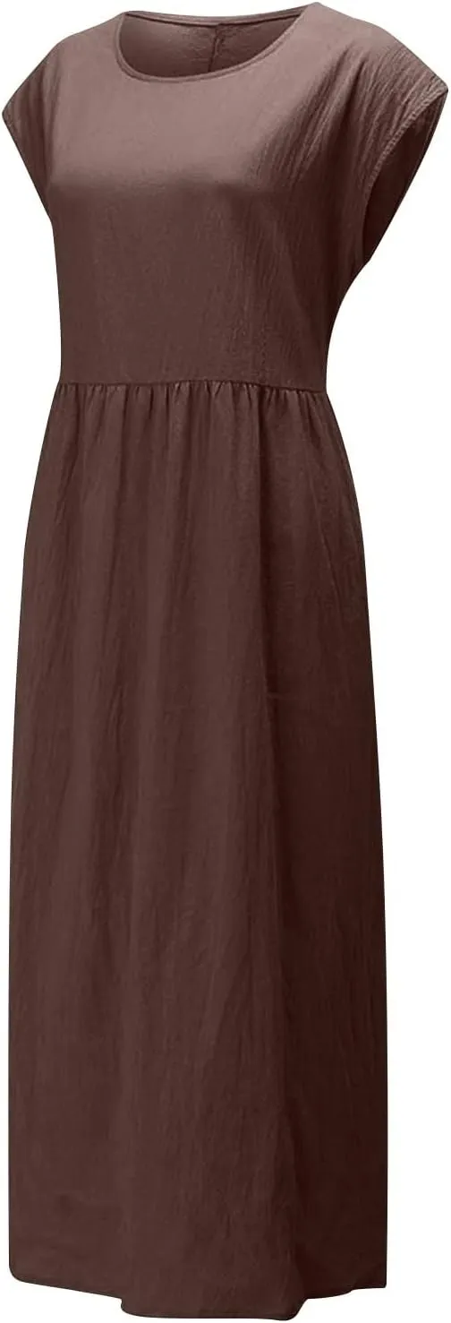 Dresses for Women 2025 Summer Plus Size Cotton Linen Solid Dress Crew Neck Loose Casual Beach Vacation Midi Dress