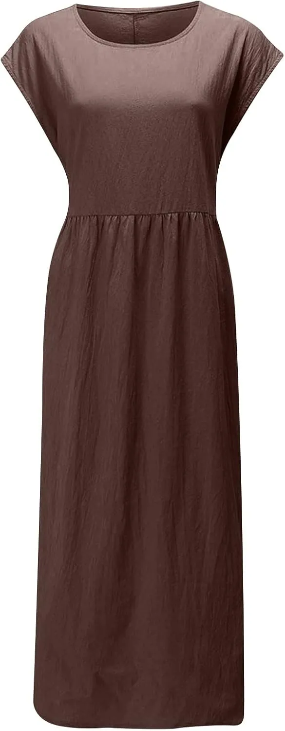 Dresses for Women 2025 Summer Plus Size Cotton Linen Solid Dress Crew Neck Loose Casual Beach Vacation Midi Dress