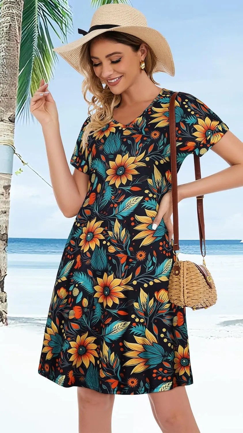 elescat Summer Dresses for Women V Neck Short Sleeve Flowy Tshirt Dress Casual Loose Sundress with Pockets