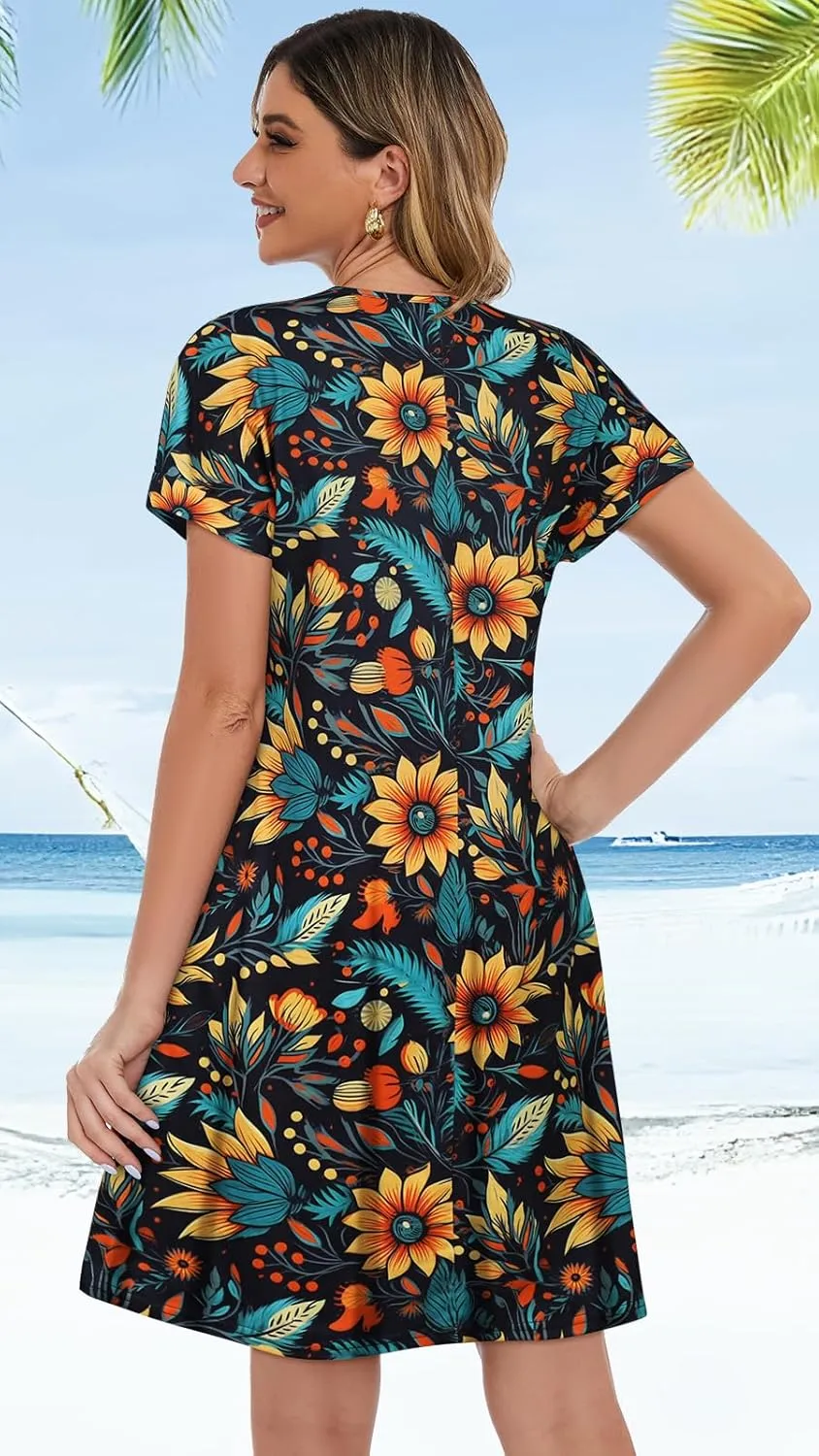 elescat Summer Dresses for Women V Neck Short Sleeve Flowy Tshirt Dress Casual Loose Sundress with Pockets