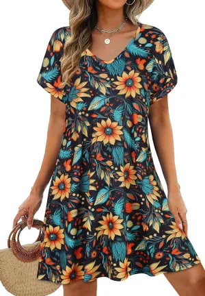 elescat Summer Dresses for Women V Neck Short Sleeve Flowy Tshirt Dress Casual Loose Sundress with Pockets