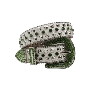 Engraved Buckle White Strap with Green Crystal Rhinestone Belt