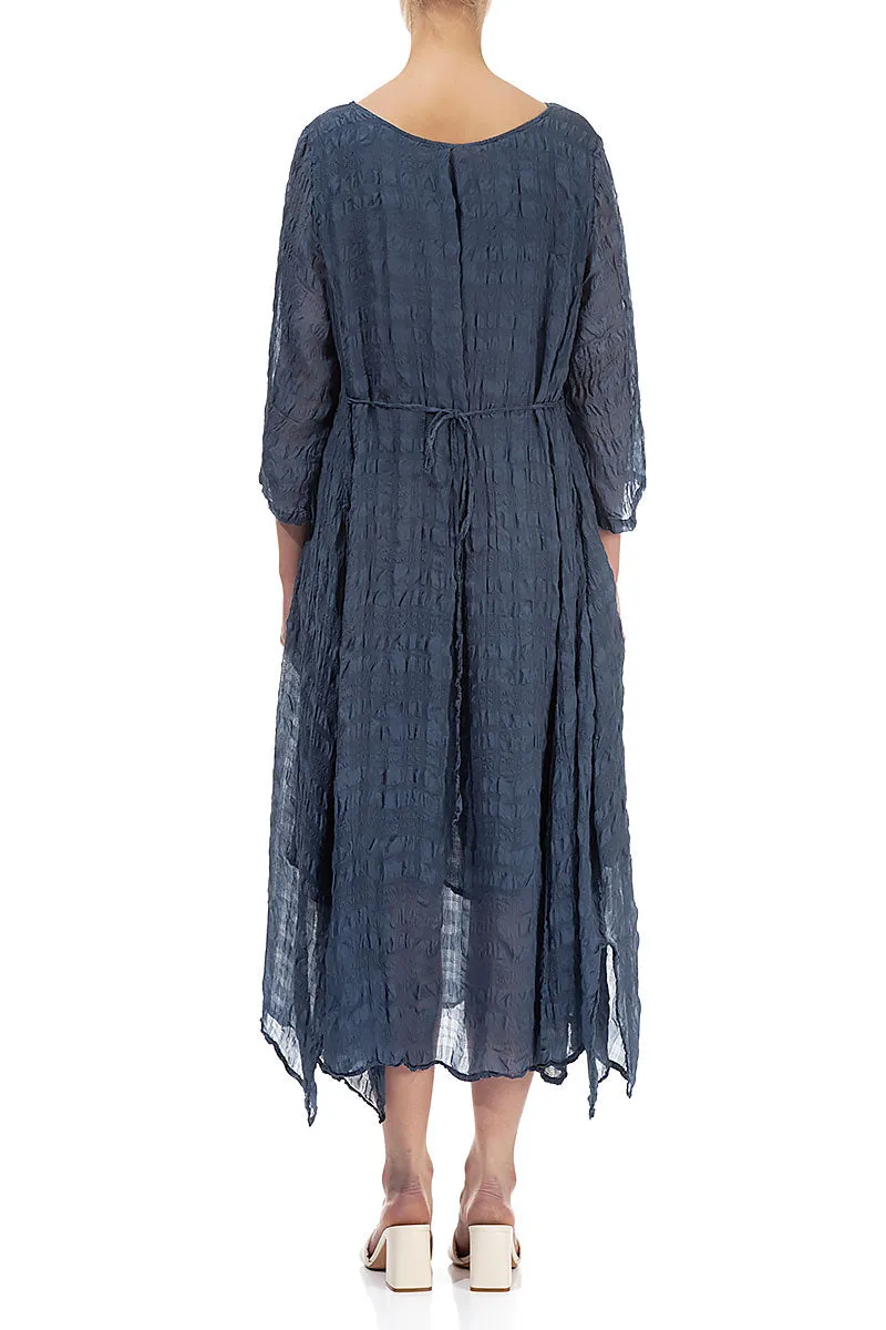 Flowy Tie Up Denim Blue Textured Silk Dress