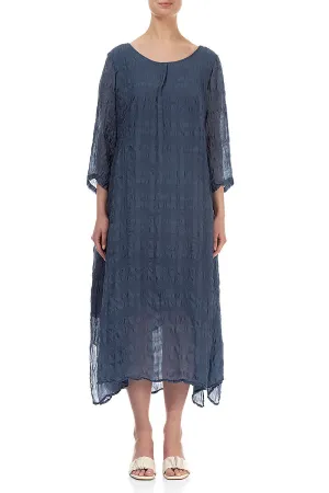 Flowy Tie Up Denim Blue Textured Silk Dress