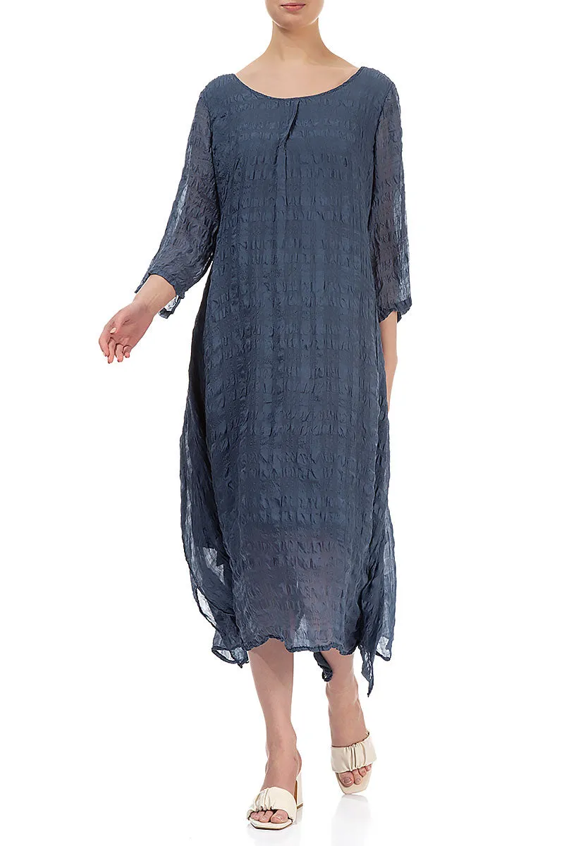 Flowy Tie Up Denim Blue Textured Silk Dress