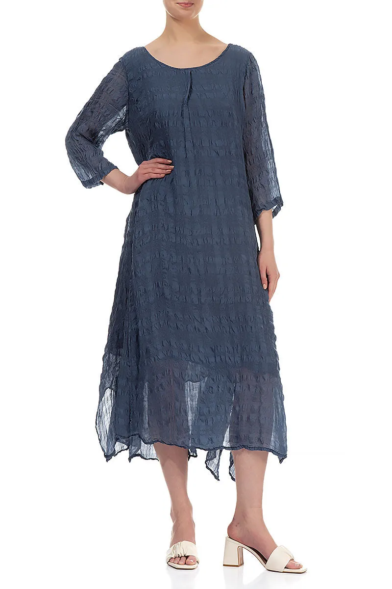 Flowy Tie Up Denim Blue Textured Silk Dress