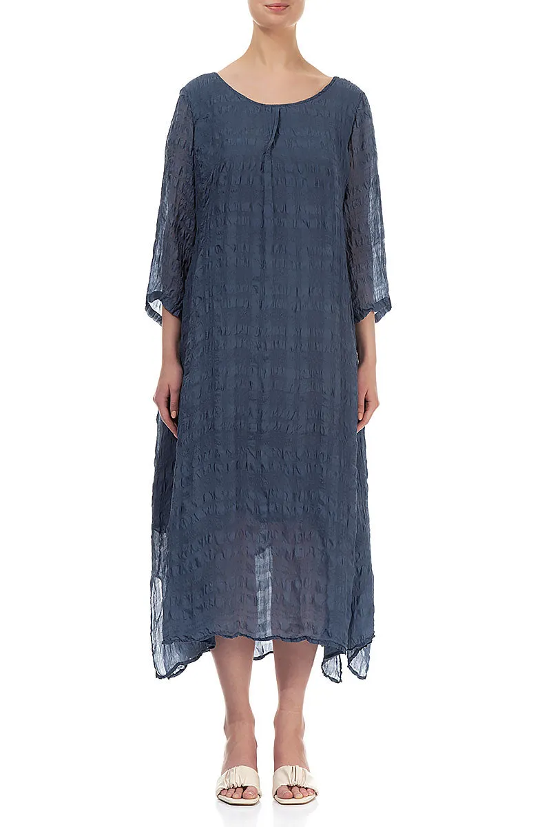 Flowy Tie Up Denim Blue Textured Silk Dress