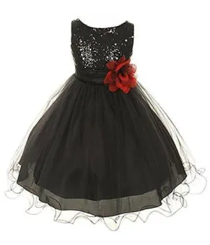 Girl's Sequin Double Mesh Flower Dress - Black
