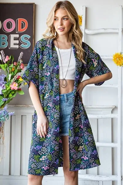 Heimish Navy Half Sleeve Floral Open Cardigan
