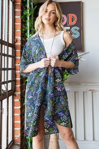 Heimish Navy Half Sleeve Floral Open Cardigan