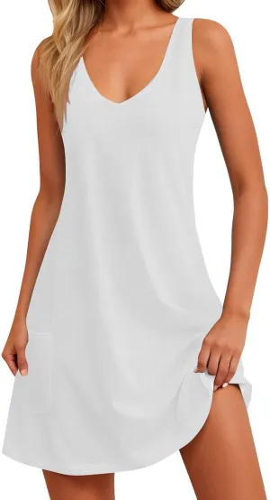 hlysgo Modest Dresses for Women 2025 Summer Knee Length Beach Coverup Sundress Casual Loose Fit Sleeveless V Neck Mini Dress