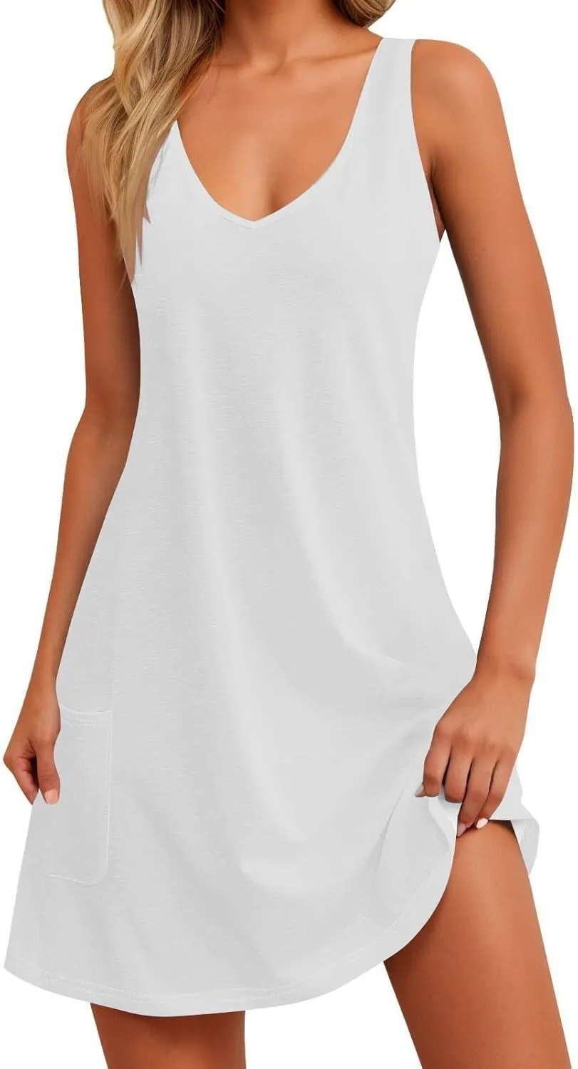 hlysgo Modest Dresses for Women 2025 Summer Knee Length Beach Coverup Sundress Casual Loose Fit Sleeveless V Neck Mini Dress