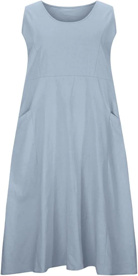 hlysgo Summer Dresses for Women 2025 Vacation Beach Cotton Linen Dress Flowy Comfy Sleeveless Mini Sundress with Pockets