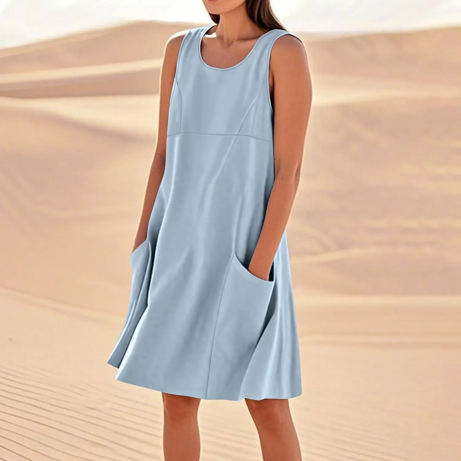 hlysgo Summer Dresses for Women 2025 Vacation Beach Cotton Linen Dress Flowy Comfy Sleeveless Mini Sundress with Pockets
