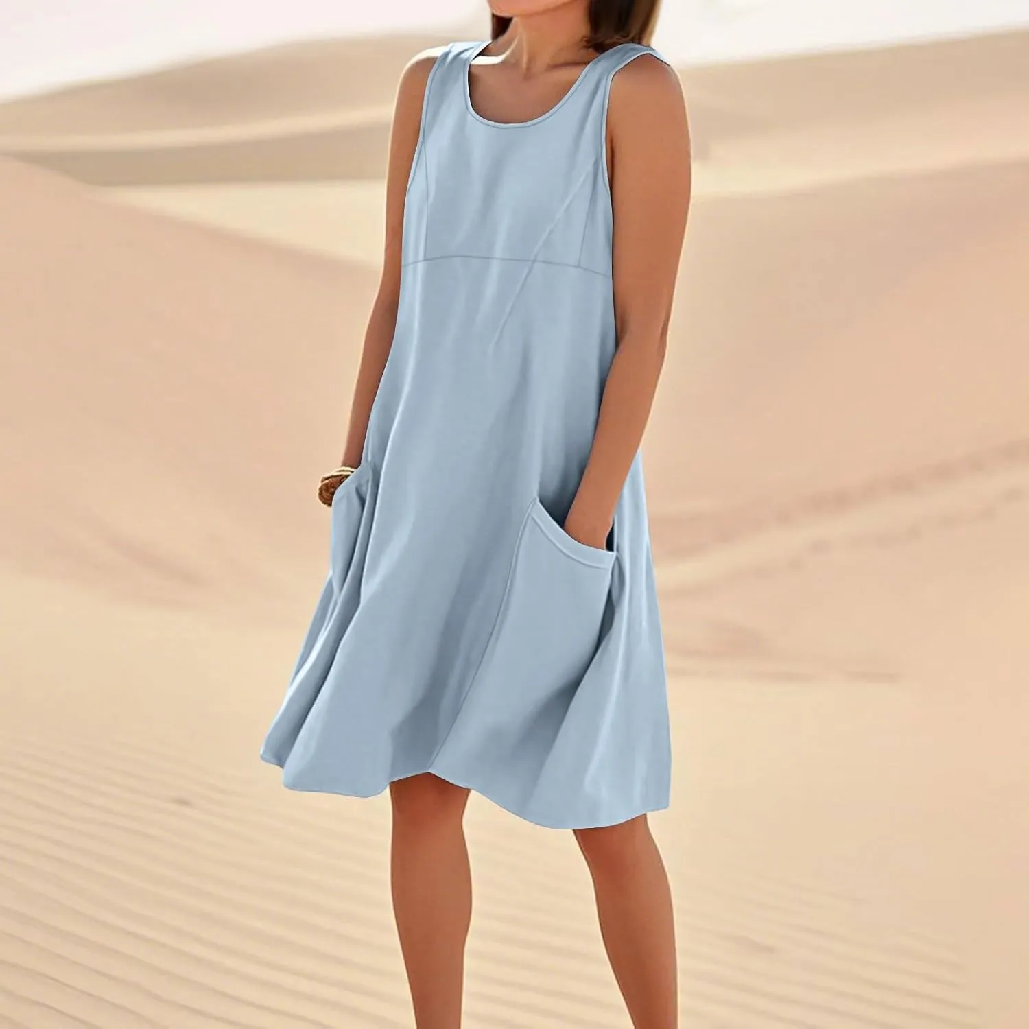 hlysgo Summer Dresses for Women 2025 Vacation Beach Cotton Linen Dress Flowy Comfy Sleeveless Mini Sundress with Pockets