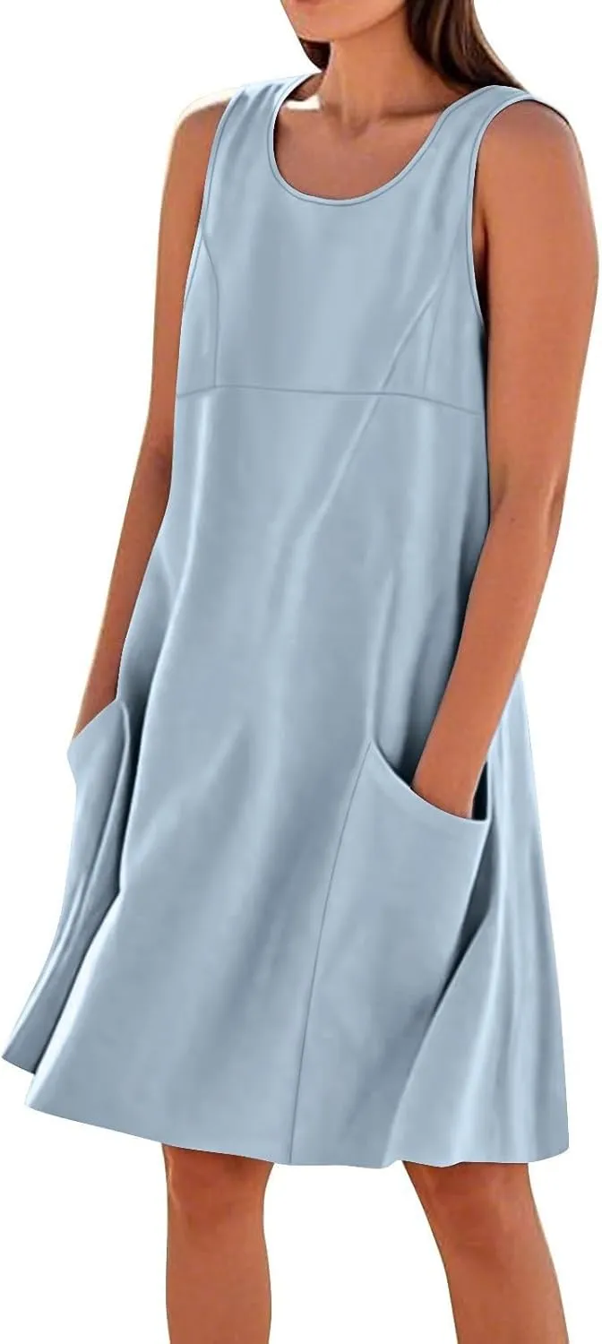 hlysgo Summer Dresses for Women 2025 Vacation Beach Cotton Linen Dress Flowy Comfy Sleeveless Mini Sundress with Pockets
