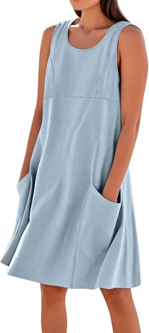 hlysgo Summer Dresses for Women 2025 Vacation Beach Cotton Linen Dress Flowy Comfy Sleeveless Mini Sundress with Pockets