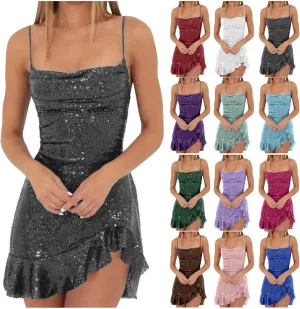Homecoming Dress for Teens 2025 Spaghetti Straps Mini Dress Glitter Irregular Ruffle Hem Cocktail Party Dresses