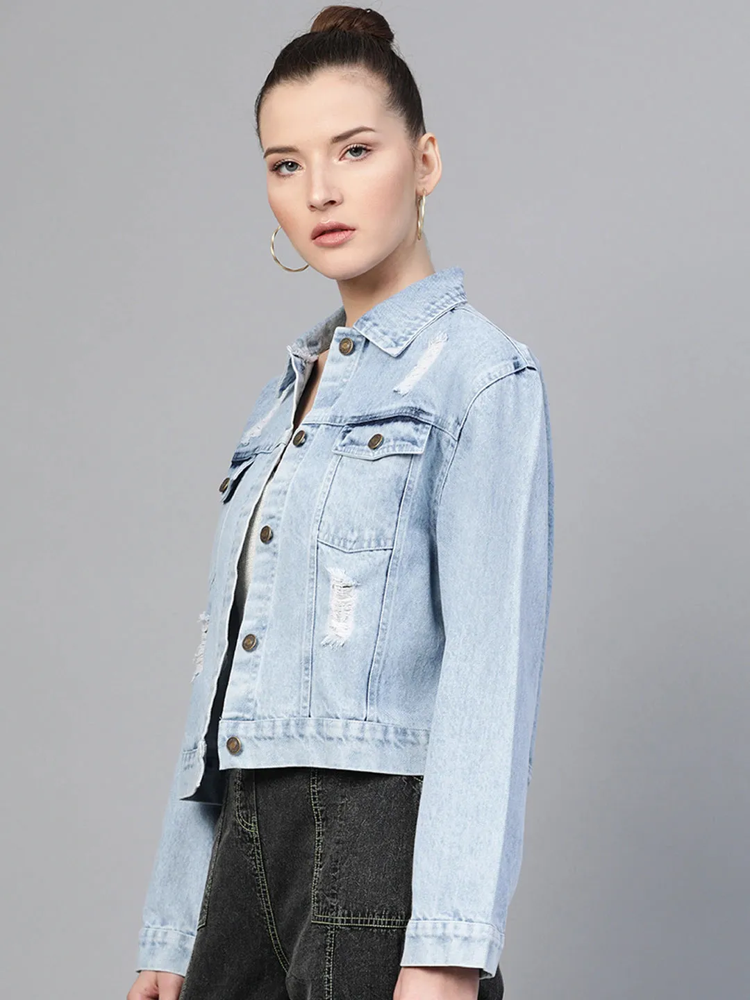 Ice Blue Distress Look Denim Jacket