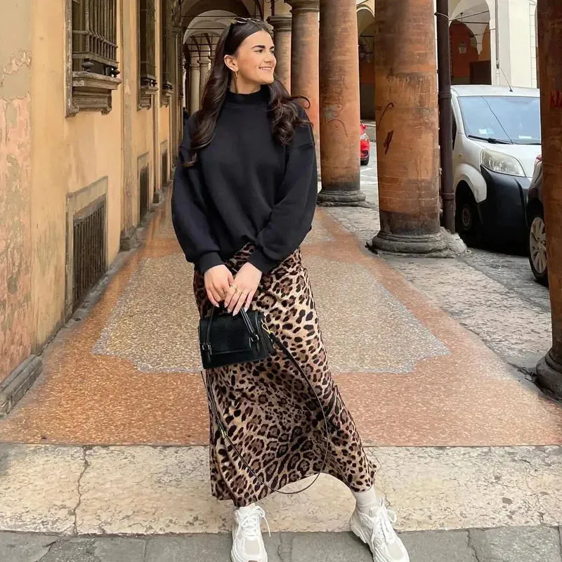 JazzHer Ladies Leopard Print Women's Midi Skirt High Waist Stylish Long Skirts For Women Fall Vintage Satin Skirt Woman Elegant Skirts