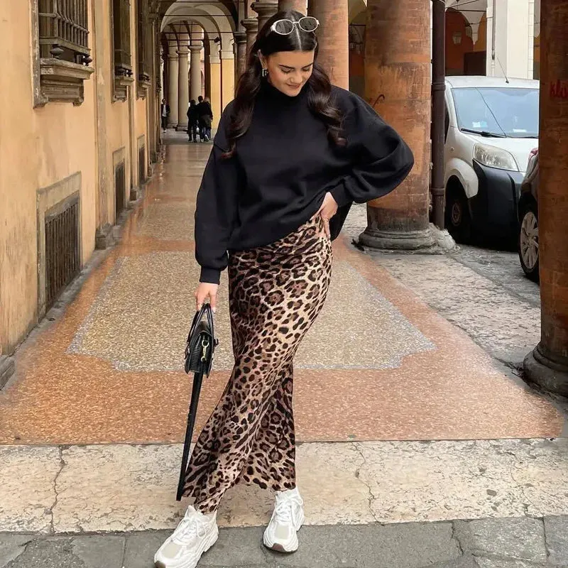 JazzHer Ladies Leopard Print Women's Midi Skirt High Waist Stylish Long Skirts For Women Fall Vintage Satin Skirt Woman Elegant Skirts