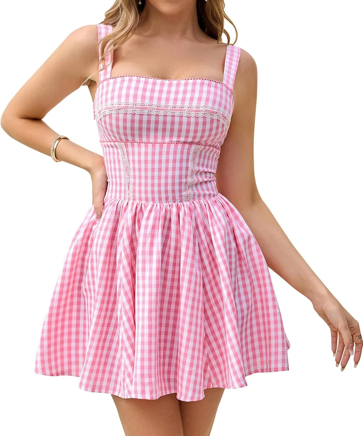 KUTUMAI Summer Gingham Mini Dress Corset Square Neck Lace Up Casual Sundress Flowy A Line Short Dresses for Women 2025