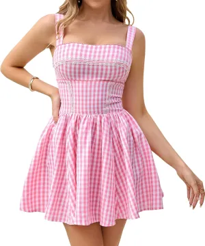 KUTUMAI Summer Gingham Mini Dress Corset Square Neck Lace Up Casual Sundress Flowy A Line Short Dresses for Women 2025