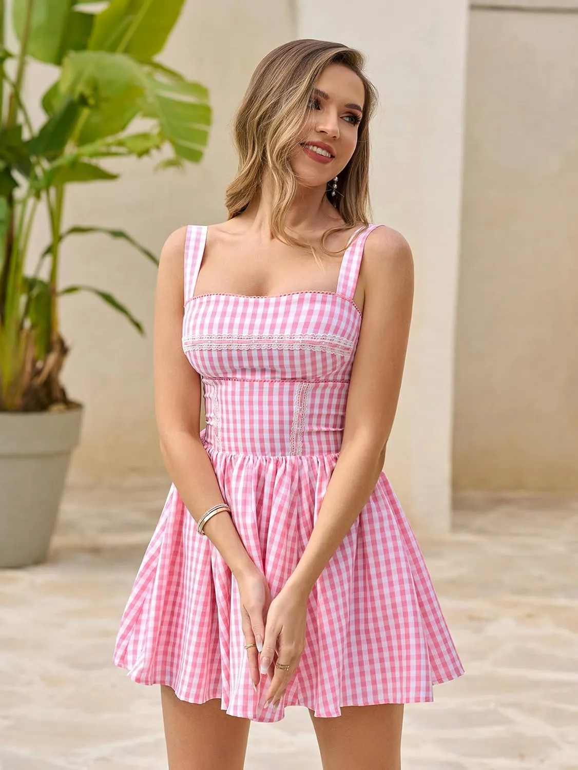 KUTUMAI Summer Gingham Mini Dress Corset Square Neck Lace Up Casual Sundress Flowy A Line Short Dresses for Women 2025