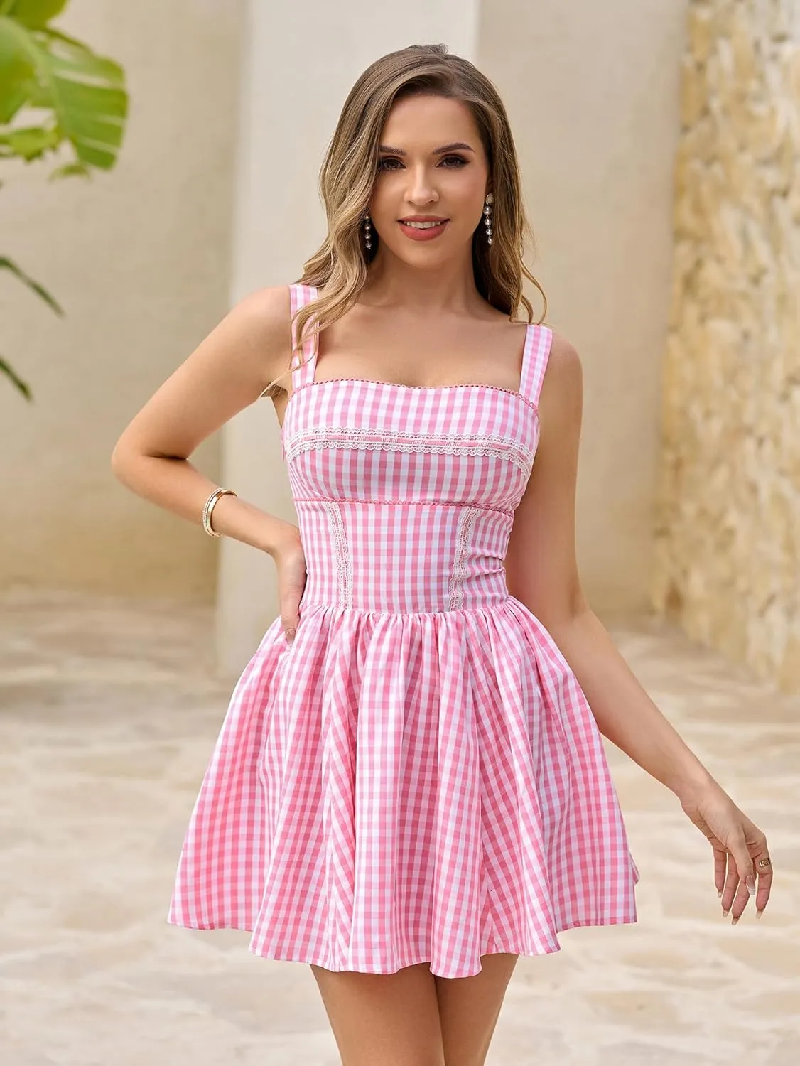KUTUMAI Summer Gingham Mini Dress Corset Square Neck Lace Up Casual Sundress Flowy A Line Short Dresses for Women 2025