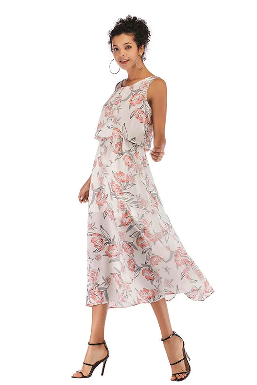 Little Fresh Wide Strap Elastic Waist Floral Dress