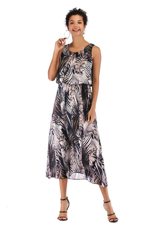 Little Fresh Wide Strap Elastic Waist Floral Dress