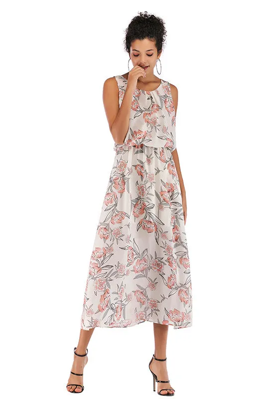 Little Fresh Wide Strap Elastic Waist Floral Dress