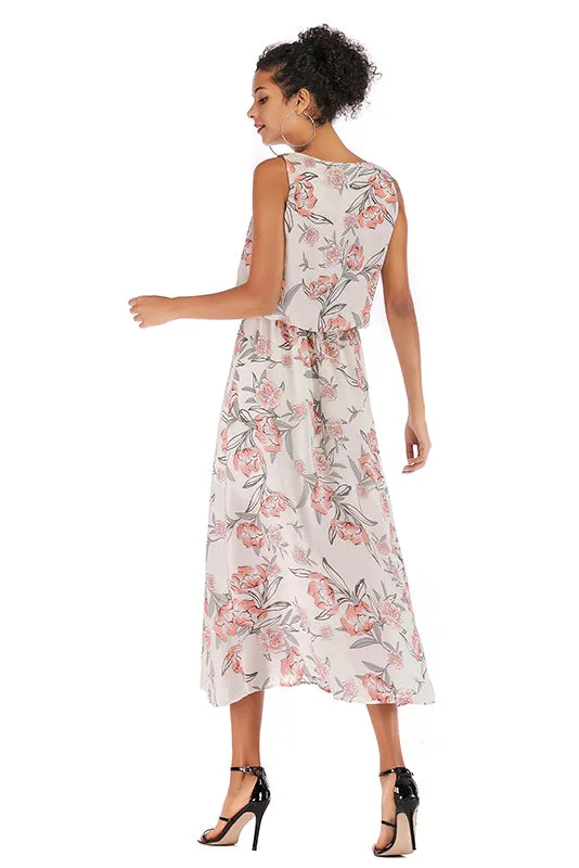 Little Fresh Wide Strap Elastic Waist Floral Dress