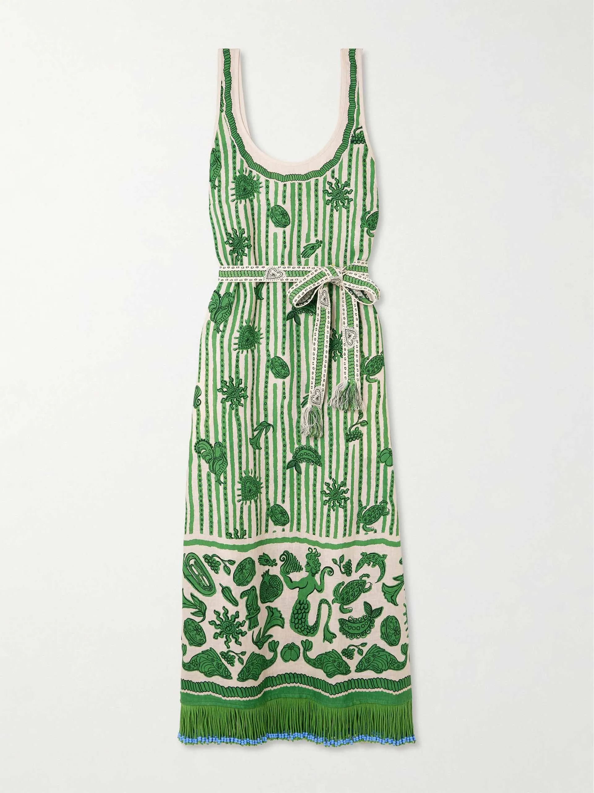 Lula belted fringed embellished printed cotton and silk-blend midi dress