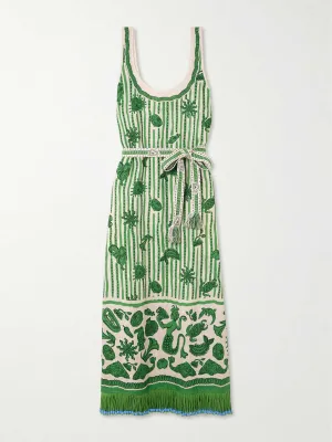 Lula belted fringed embellished printed cotton and silk-blend midi dress