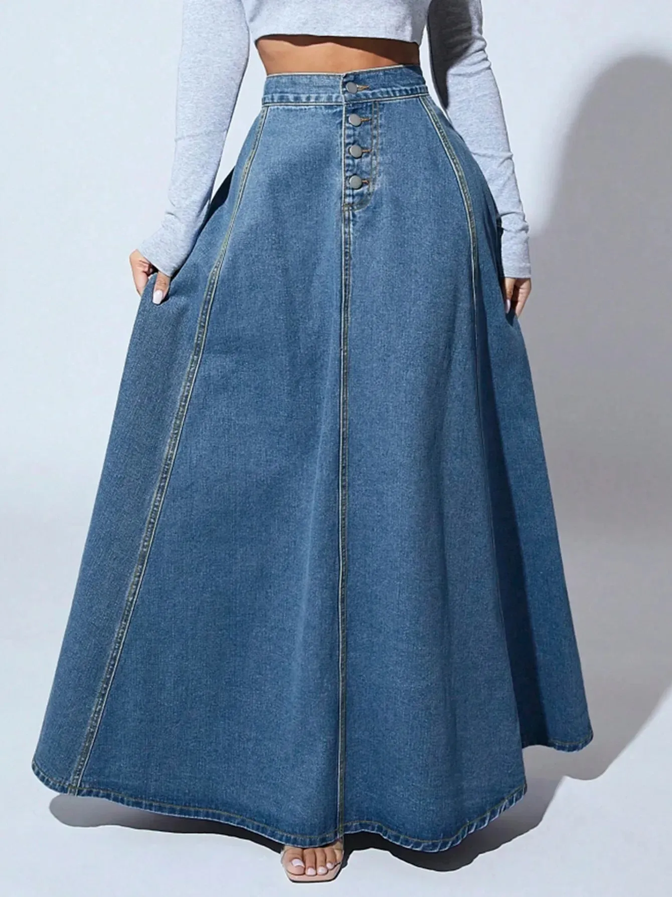 LVSANW Vintage Stylish Denim Skirt For Women Single-Breasted A- Line Cut Cross-Border Trade European And American Independent Station D