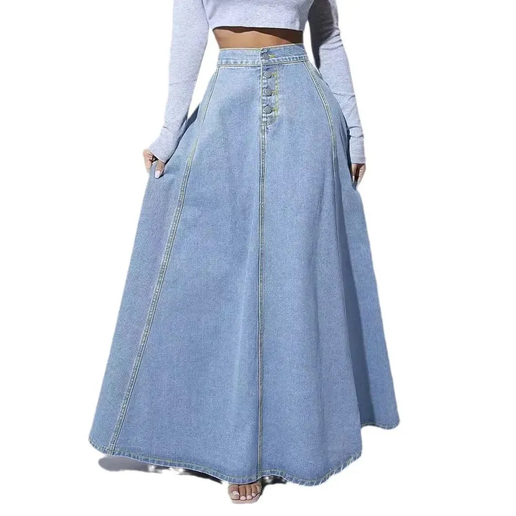 LVSANW Vintage Stylish Denim Skirt For Women Single-Breasted A- Line Cut Cross-Border Trade European And American Independent Station D