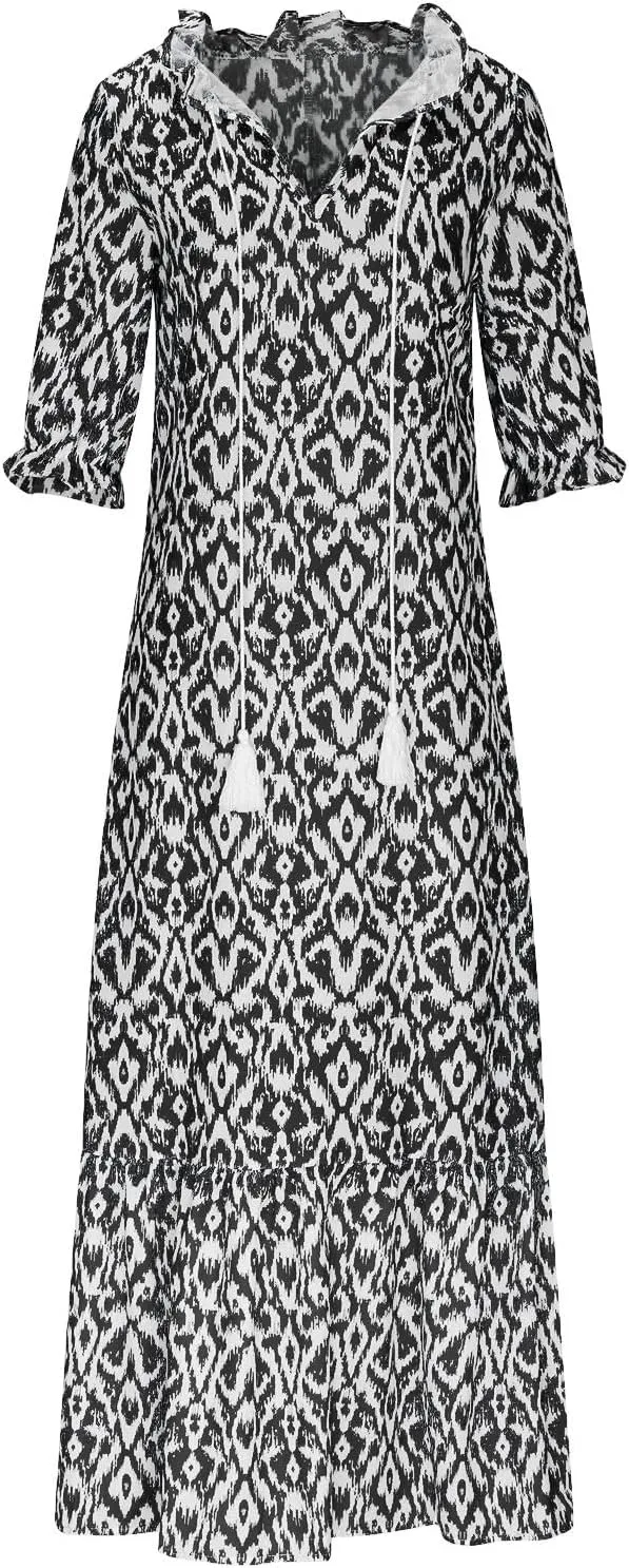 Maxi Dresses for Women 2025 V Neck Vintage Floral Dress Drawstring V Neck Spring Summer Dresses Beach Sundress