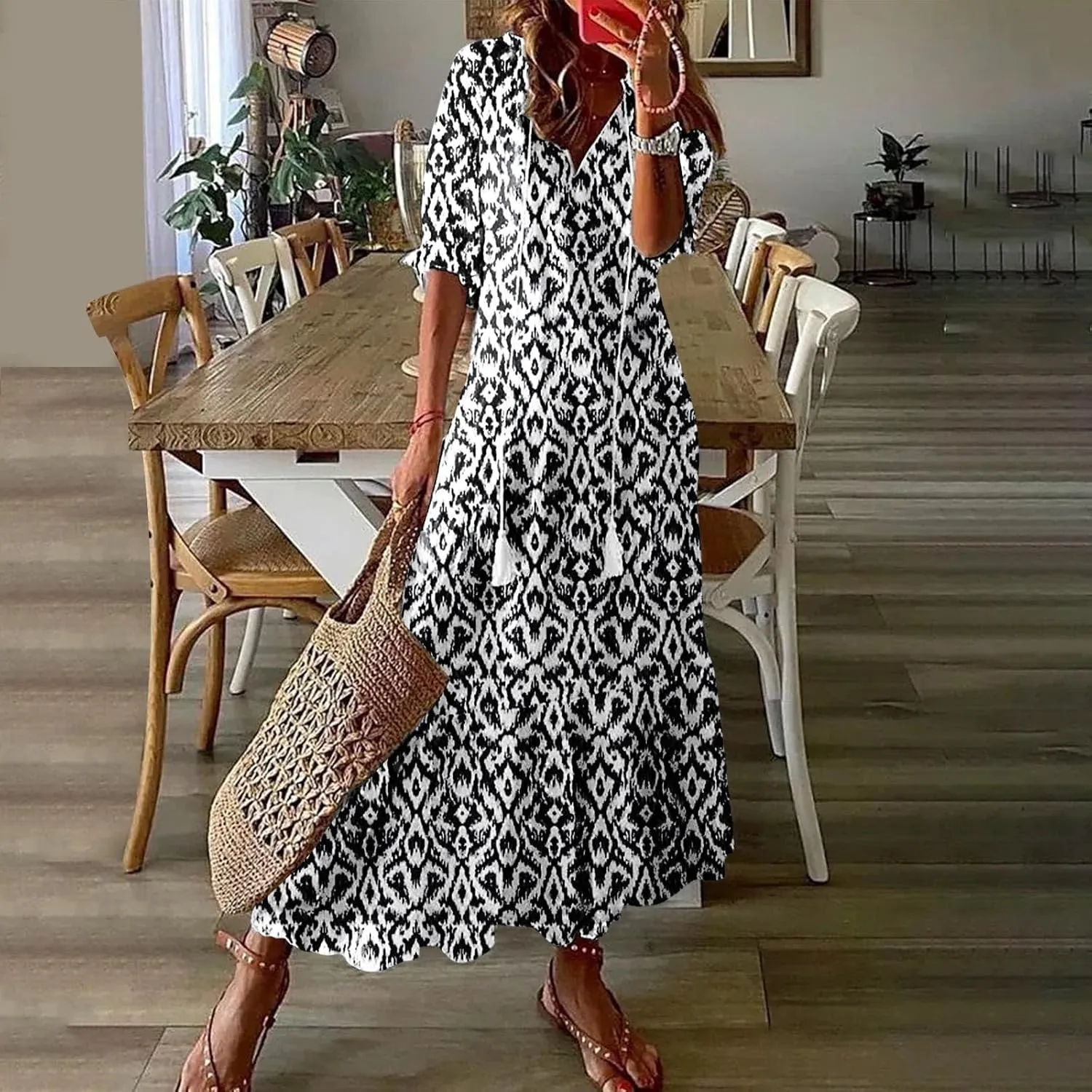Maxi Dresses for Women 2025 V Neck Vintage Floral Dress Drawstring V Neck Spring Summer Dresses Beach Sundress